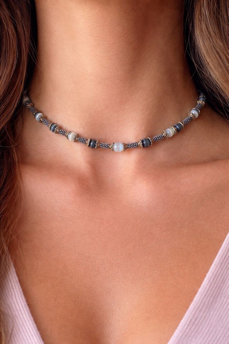 BOGO FREE VTG SILVER CAT EYE BEADED TOGGLE CHOCKER STY NECKLACE